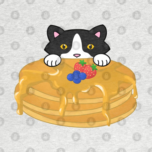 Cute Tuxedo Cat Eating Pancakes by Purrfect